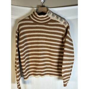 J.CREW CARAMEL NATURAL CABLE KNIT MOCKNECK STRIPE JEWEL BUTTONS SWEATER BM301 M